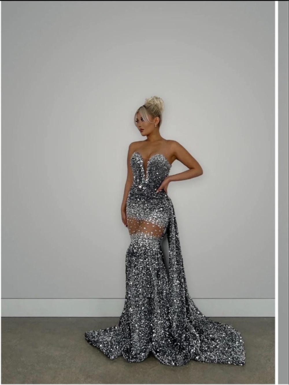 Sequin Strapless Mermaid Gown in Silver with Sweetheart Neckline